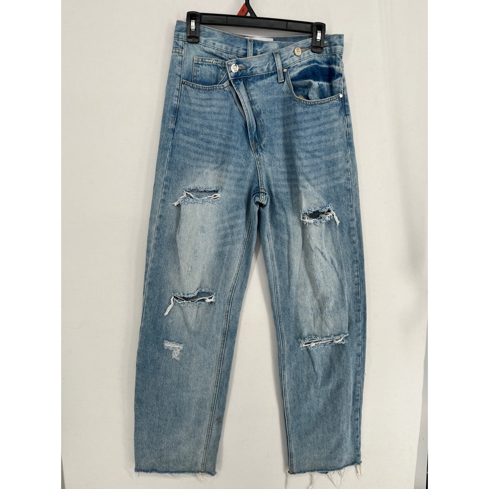 Blush Crossover Asymmetrical Waist Distressed Straight Leg Jeans Blue Size 5 26